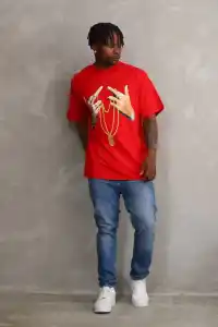 Erkek Baskılı T-Shirt Kısa Kol Bisiklet Yaka Rahat Kalıp Tişört - Kırmızı