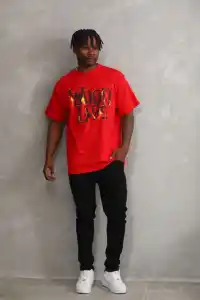 Erkek Baskılı T-Shirt Kısa Kol Bisiklet Yaka Rahat Kalıp Tişört - Kırmızı