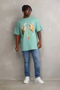 Erkek Baskılı T-Shirt Kısa Kol Bisiklet Yaka Rahat Kalıp Tişört - Mint Yeşili