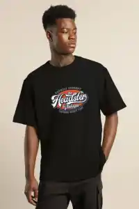 Erkek Baskılı T-Shirt Kısa Kol Bisiklet Yaka Regular Fit Rahat Kalıp Günlük Tişört - Siyah