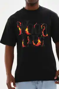 Erkek Baskılı T-Shirt Kısa Kol Bisiklet Yaka Rahat Kalıp Tişört - Siyah