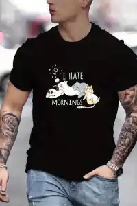 Erkek Baskılı T-Shirt Kısa Kol Bisiklet Yaka Regular Fit Rahat Kalıp Günlük Tişört - Siyah