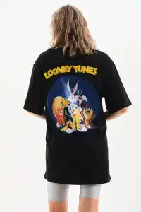 Kadın Kısa Kol Yazlık Tişört Bisiklet Yaka Baskılı Oversize T-Shirt - Siyah