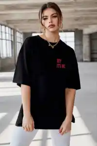 Kadın Baskılı T-Shirt Kısa Kol Bisiklet Yaka Oversize Rahat Kalıp Tişört - Siyah