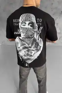 Erkek Kısa Kol Tişört Bisiklet Yaka Filistin Poşulu Baskılı T-Shirt - Siyah
