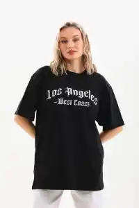 Kadın Baskılı Tişört Kısa Kol Bisiklet Yaka Oversize T-Shirt - Siyah