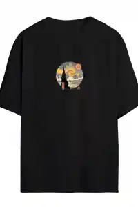 Kadın Baskılı T-Shirt Kısa Kol Bisiklet Yaka Oversize Rahat Kalıp Tişört - Siyah