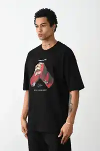 Erkek Boxy Eldiven Baskılı T-Shirt Kısa Kol Bisiklet Yaka Tişört - Siyah