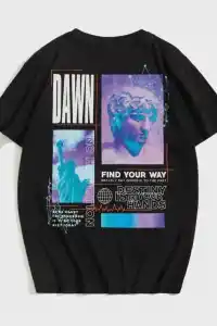 Kadın Baskılı T-Shirt Kısa Kol Bisiklet Yaka Oversize Rahat Kalıp Tişört - Siyah
