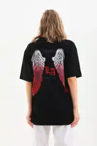 Kadın Baskılı Tişört Kısa Kol Bisiklet Yaka Oversize T-Shirt - Siyah