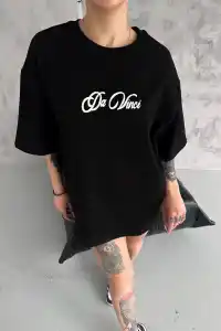 Kadın Baskılı T-Shirt Kısa Kol Bisiklet Yaka Oversize Rahat Kalıp Günlük Tişört - Siyah