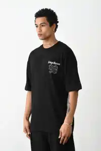 Erkek Kısa Kol Yazlık Tişört Bisiklet Yaka Baskılı Oversize T-Shirt - Siyah