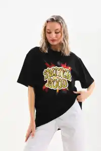 Kadın Kısa Kol Yazlık Tişört Bisiklet Yaka Ejderha Baskılı T-Shirt - Siyah