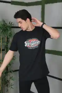 Erkek Baskılı T-Shirt Kısa Kol Bisiklet Yaka Regular Fit Rahat Kalıp Günlük Tişört - Siyah