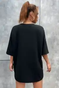 Kadın kelebek Baskılı Oversize kısa kol T-Shirt - Siyah
