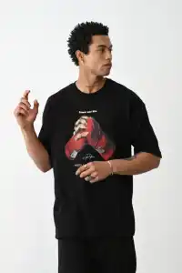 Erkek Boxy Eldiven Baskılı T-Shirt Kısa Kol Bisiklet Yaka Tişört - Siyah