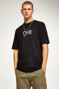 Erkek Baskılı T-Shirt Kısa Kol Bisiklet Yaka Regular Fit Rahat Kalıp Tişört - Siyah