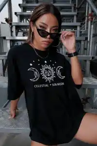 Kadın Baskılı T-Shirt Kısa Kol Bisiklet Yaka Oversize Rahat Kalıp Tişört - Siyah