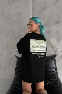 Kadın Baskılı T-Shirt Kısa Kol Bisiklet Yaka Oversize Rahat Kalıp Günlük Tişört - Siyah