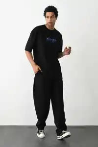 Erkek Baskılı Oversize  Kısa kol T-Shirt - Siyah