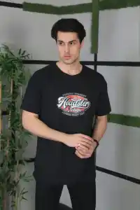 Erkek Baskılı T-Shirt Kısa Kol Bisiklet Yaka Regular Fit Rahat Kalıp Günlük Tişört - Siyah