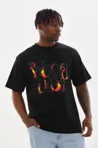Erkek Baskılı T-Shirt Kısa Kol Bisiklet Yaka Rahat Kalıp Tişört - Siyah