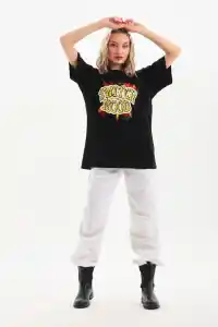 Kadın Kısa Kol Yazlık Tişört Bisiklet Yaka Ejderha Baskılı T-Shirt - Siyah