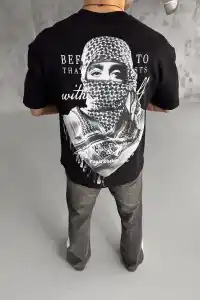 Erkek Kısa Kol Tişört Bisiklet Yaka Filistin Poşulu Baskılı T-Shirt - Siyah