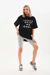 Kadın Kısa Kol Yazlık Tişört Bisiklet Yaka Baskılı Oversize T-Shirt - Siyah