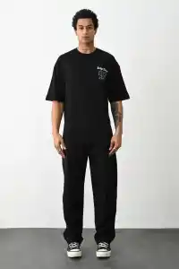 Erkek Kısa Kol Yazlık Tişört Bisiklet Yaka Baskılı Oversize T-Shirt - Siyah