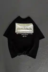 Kadın Baskılı T-Shirt Kısa Kol Bisiklet Yaka Oversize Rahat Kalıp Günlük Tişört - Siyah