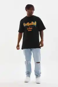 Erkek Baskılı T-Shirt Kısa Kol Bisiklet Yaka Rahat Kalıp Tişört - Siyah