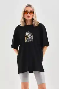 Kadın Baskılı T-Shirt Kısa Kol Bisiklet Yaka Oversize Rahat Kalıp Günlük Tişört - Siyah