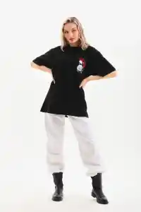 Kadın Kısa Kol Yazlık Tişört Bisiklet Yaka Baskılı Oversize T-Shirt - Siyah