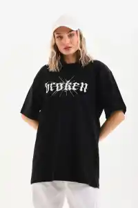 Kadın Kısa Kol Yazlık Tişört Bisiklet Yaka Baskılı Oversize T-Shirt - Siyah