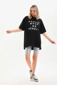 Kadın Kısa Kol Yazlık Tişört Bisiklet Yaka Baskılı Oversize T-Shirt - Siyah