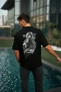Erkek Kısa Kol Tişört Bisiklet Yaka Filistin Poşulu Baskılı T-Shirt - Siyah