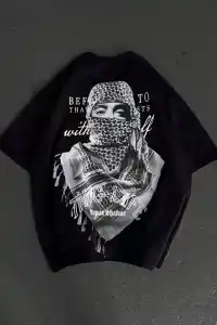 Erkek Kısa Kol Tişört Bisiklet Yaka Filistin Poşulu Baskılı T-Shirt - Siyah