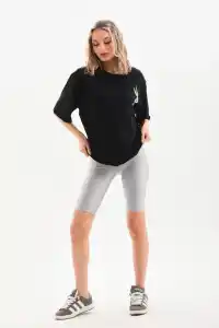 Kadın Kısa Kol Yazlık Tişört Bisiklet Yaka Baskılı Oversize T-Shirt - Siyah