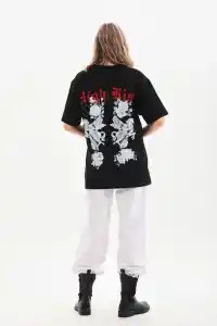 Kadın Kısa Kol Yazlık Tişört Bisiklet Yaka Baskılı Oversize T-Shirt - Siyah