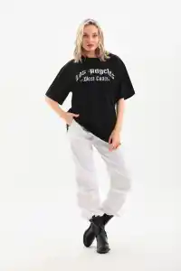 Kadın Baskılı Tişört Kısa Kol Bisiklet Yaka Oversize T-Shirt - Siyah