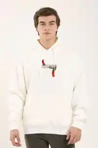 Erkek 3 İplik Pamuklu Kapüşonlu Baskılı Cepli Oversize Sweatshirt Hoodie - Beyaz