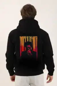 Erkek 3 İplik Pamuklu Kapüşonlu Baskılı Cepli Oversize Sweatshirt Hoodie - Siyah