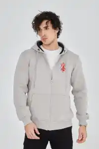 Erkek 3 İplik Pamuklu Kapüşonlu Tam Fermuarlı Cepli Hoodie Sweatshirt - Boyalı Gri
