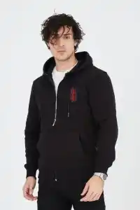 Erkek 3 İplik Pamuklu Kapüşonlu Tam Fermuarlı Cepli Hoodie Sweatshirt - Siyah
