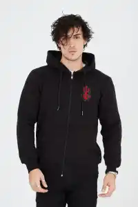 Erkek 3 İplik Pamuklu Kapüşonlu Tam Fermuarlı Cepli Hoodie Sweatshirt - Siyah