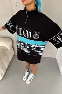 Kadın Baskılı Yarım Fermuarlı Kısa kol T-Shirt - Siyah