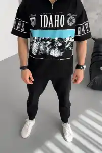 Erkek  Baskılı Yarım Fermuarlı  Kısa kol T-Shirt - Siyah