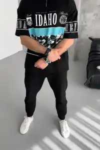 Erkek  Baskılı Yarım Fermuarlı  Kısa kol T-Shirt - Siyah