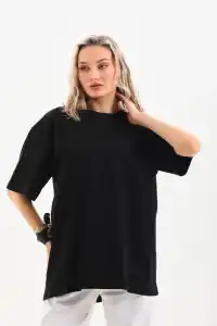 Kadın Düz  Kısa kol Penye T-shirt - Siyah